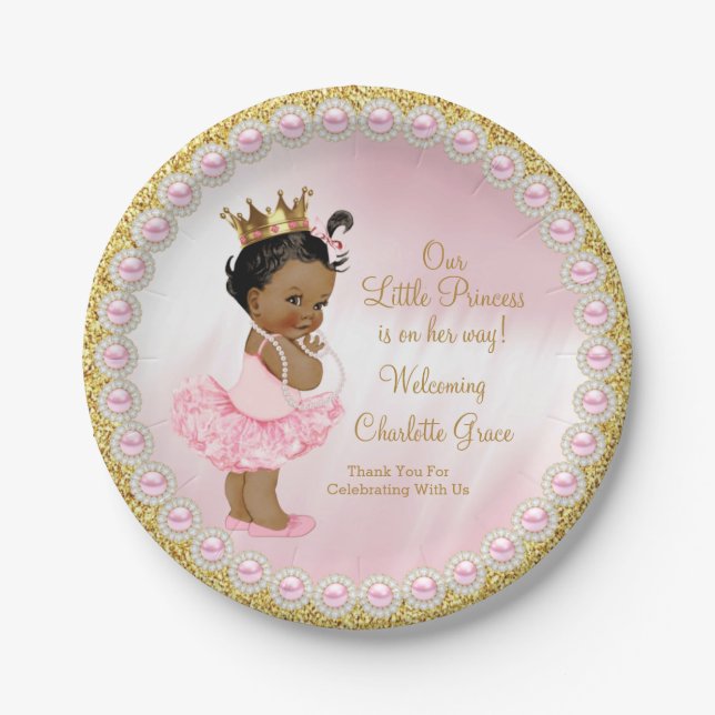 Pink Gold Princess Baby Shower Paper Plates (Front)