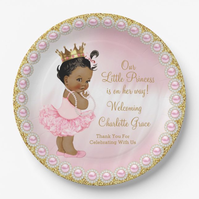 Pink Gold Princess Baby Shower Paper Plates (Front)