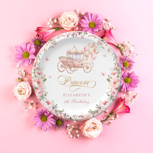 Pink Gold Princess Birthday Party Carriage  Paper Plate (Creator Uploaded)