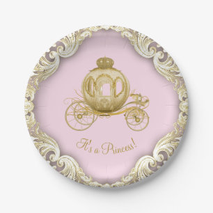 Pink Gold Princess Carriage Girl Baby Shower Paper Plate