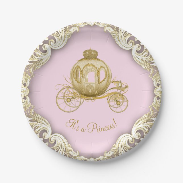 Pink Gold Princess Carriage Girl Baby Shower Paper Plate (Front)