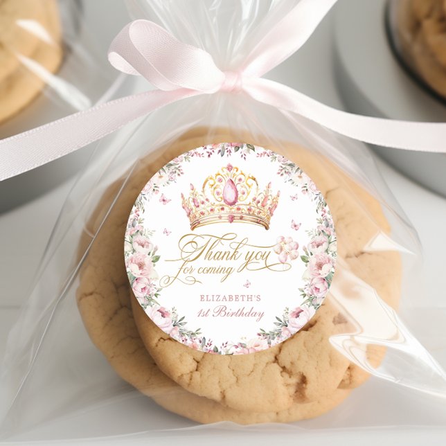 Pink Gold Princess Crown 1st Birthday Balloons Classic Round Sticker (Creator Uploaded)