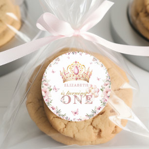 Pink Gold Princess Crown 1st Birthday Blush Floral Classic Round Sticker