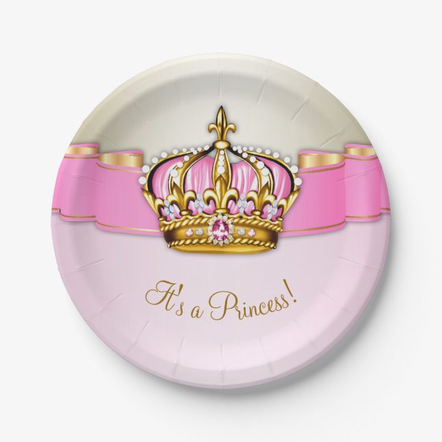 Pink Gold Princess Crown Baby Shower Paper Plate (Front)