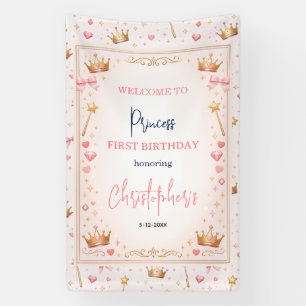 Pink Gold Princess Crown Fairytale 1st Birthday Banner