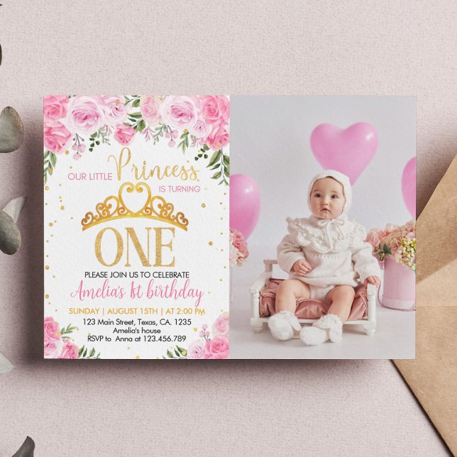 Pink Gold Princess Crown First Birthday Invitation (Creator Uploaded)
