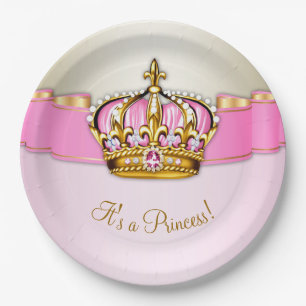 Pink Gold Princess Crown Girl Baby Shower Paper Plate