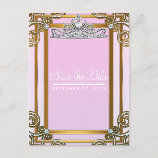 Pink & Gold Princess Crown Tiara Save the Date Announcement Postcard (Front)