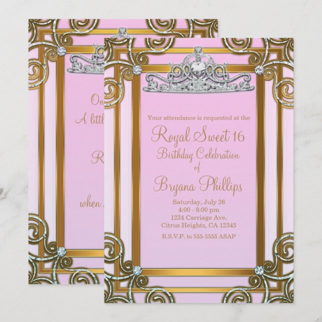 Pink & Gold Princess Crown Tiara Sweet 16 Party Invitation (Front/Back)