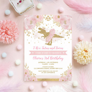Pink Gold Princess Dinosaur Girl Birthday Invitation