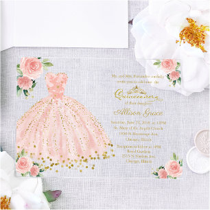 Pink Gold Princess Dress Floral Quinceañera  Acrylic Invitations