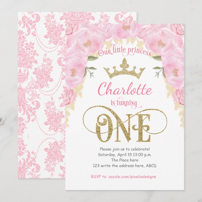 Pink Gold Princess Floral 1st Birthday Invitation (Front/Back)