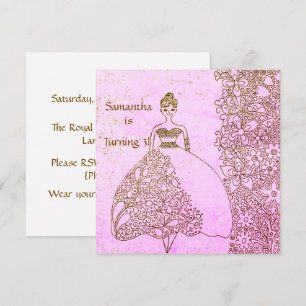 Pink Gold Princess Floral Line Art Birthday Invitation