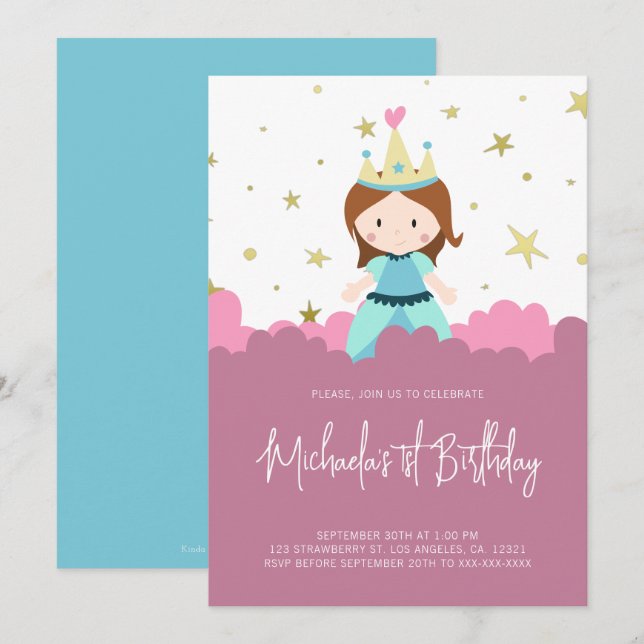 Pink Gold Princess Girl Birthday Party Invitation (Front/Back)