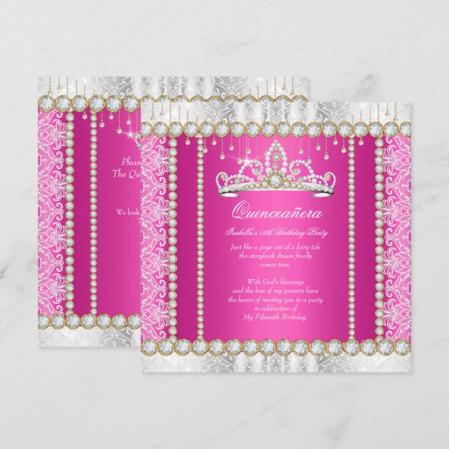 Pink Gold Princess Quinceanera Diamond Lace Invitation (Front/Back)