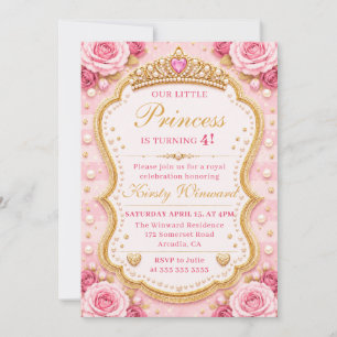 Pink Gold Princess Roses Elegant Royal Birthday Invitation