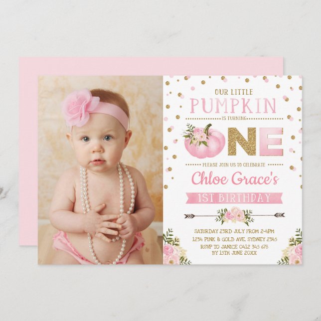 Pink Gold Pumpkin 1st Birthday Invite Autumn Fall (Front/Back)