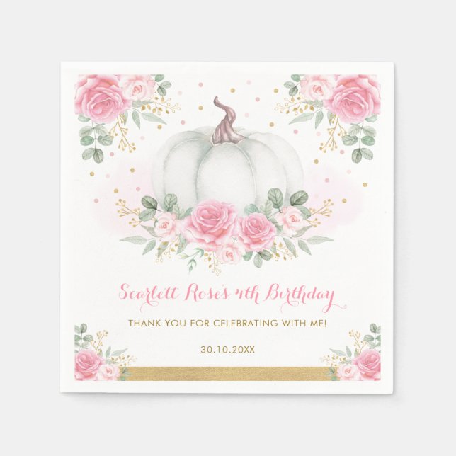 Pink Gold Pumpkin Fall Autumn Floral Baby Shower Napkin (Front)