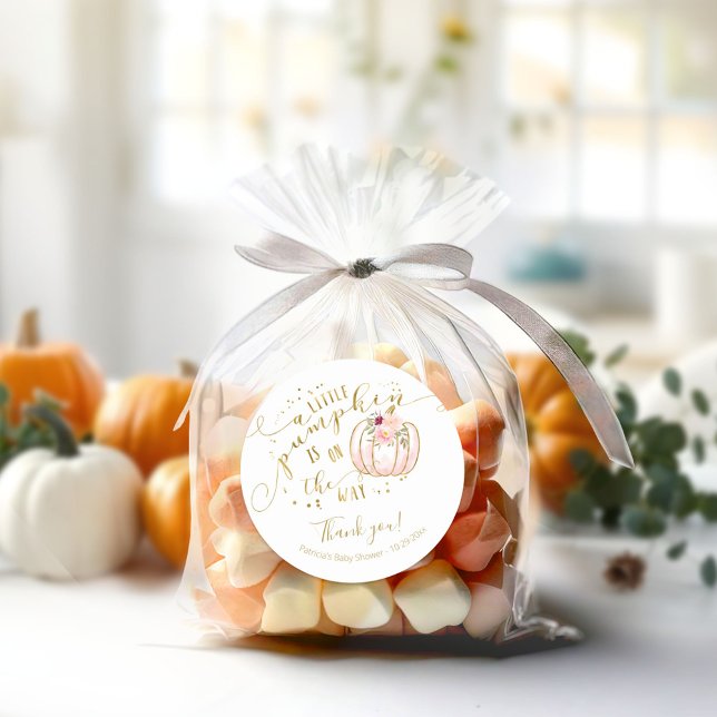 Pink Gold Pumpkin Fall Baby Shower Thank You Classic Round Sticker (Creator Uploaded)
