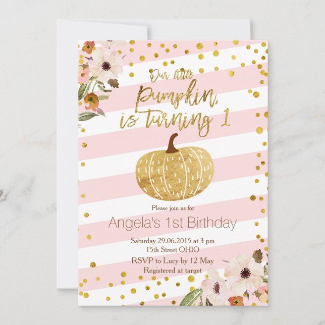 Pink Gold Pumpkin First Birthday Invitation (Front)