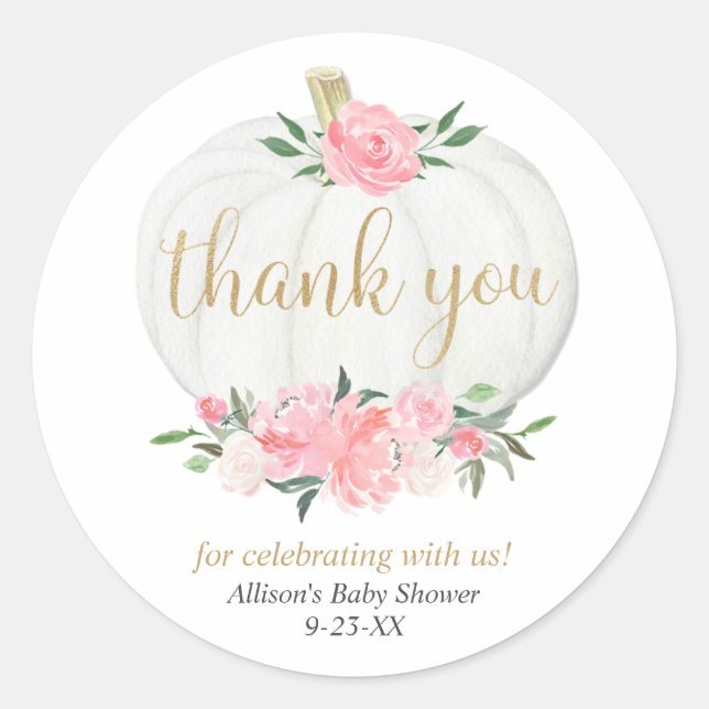 Pink gold pumpkin girl baby shower floral classic round sticker (Front)