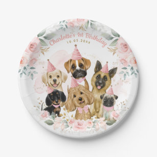 Pink Gold Puppy Dogs Girls Birthday Party Favours Paper Plate