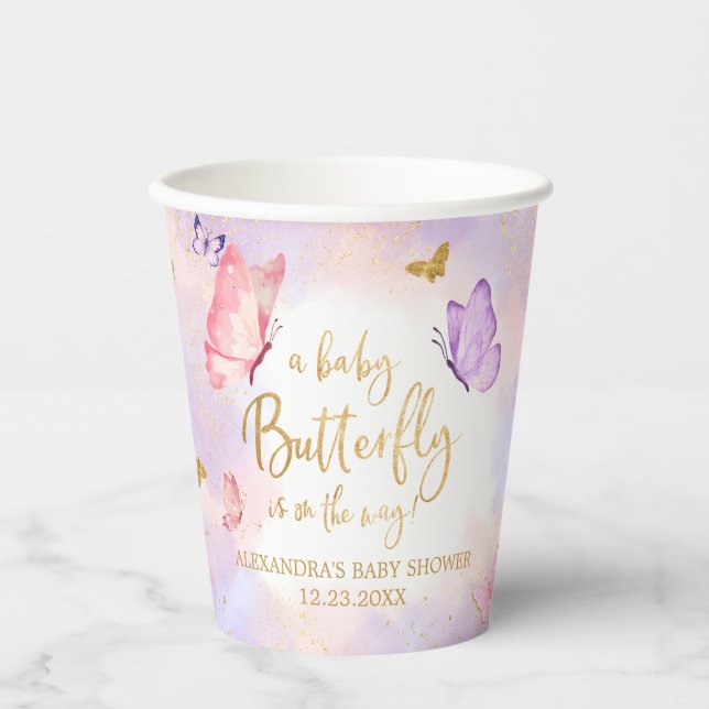 Pink Gold Purple Butterfly Baby Shower Paper Cups (Front)