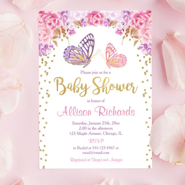 Pink gold purple butterfly girl baby shower invitation (Creator Uploaded)