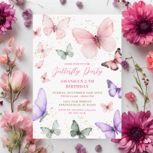 Pink Gold Purple Butterfly Party Birthday Invitation