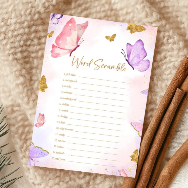 Pink Gold Purple Butterfly Shower Scramble Game (Butterfly Baby Shower Game)