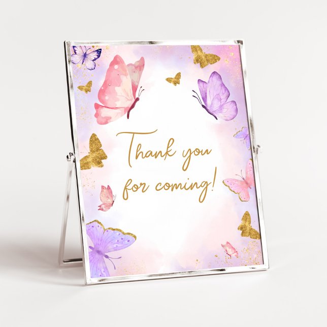 Pink Gold Purple Butterfly Thank you for Coming Poster (Boho Butterfly Baby Shower Thank you for Coming Sign)