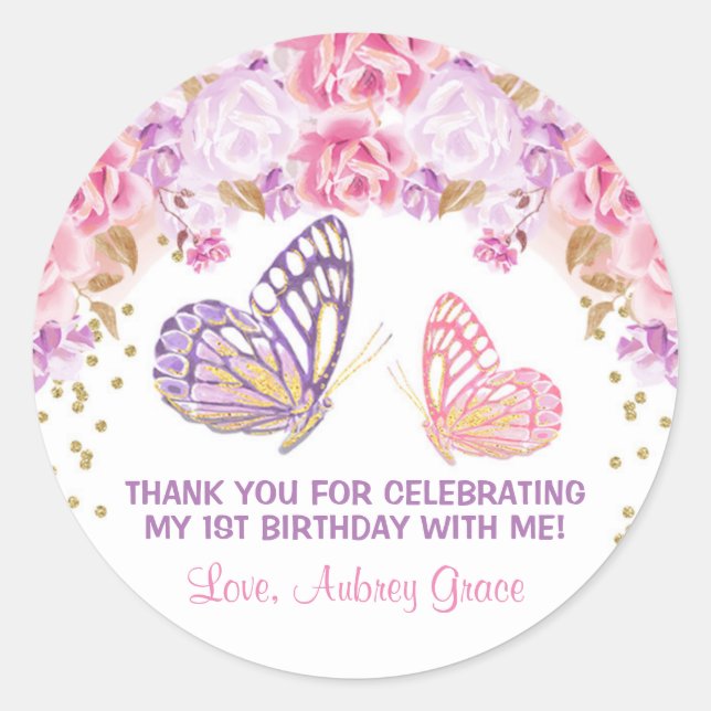 Pink gold purple butterfly watercolor birthday classic round sticker (Front)