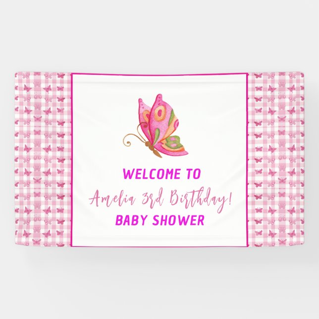 Pink gold purple elegant butterfly girl birthday banner (Horizontal)