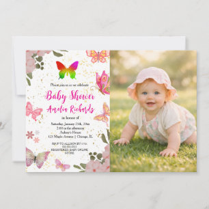 Pink gold purple elegant butterfly girl birthday invitation