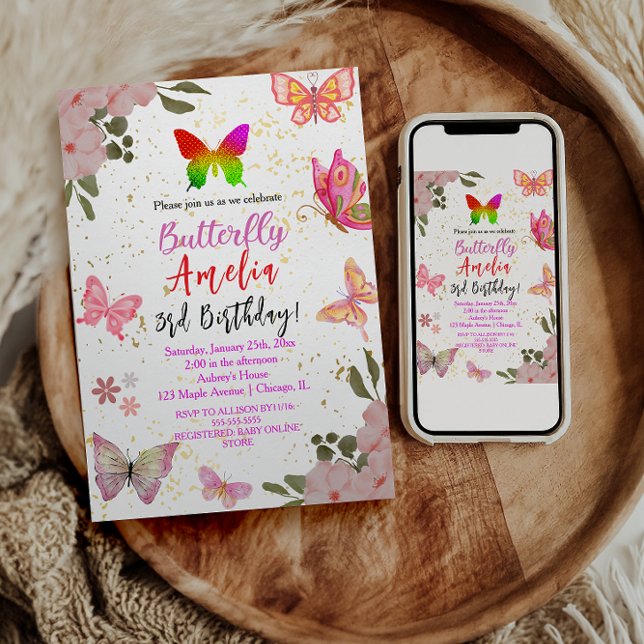 Pink gold purple elegant butterfly girl birthday invitation (Creator Uploaded)