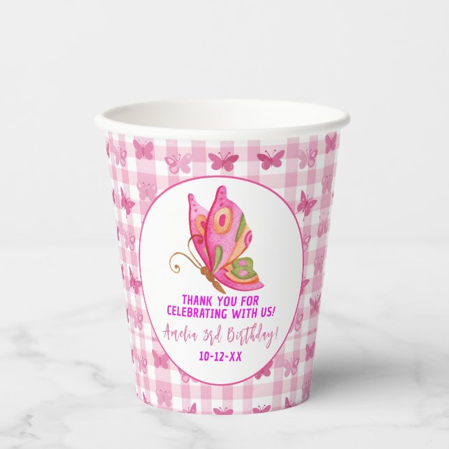 Pink gold purple elegant butterfly girl birthday paper cups (Front)