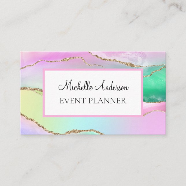 Pink Gold Rainbow Agate Business Card (Front)