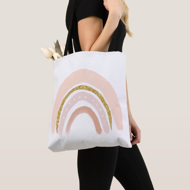 Pink & Gold Rainbow Elegant Boho Tote Bag (Close Up)