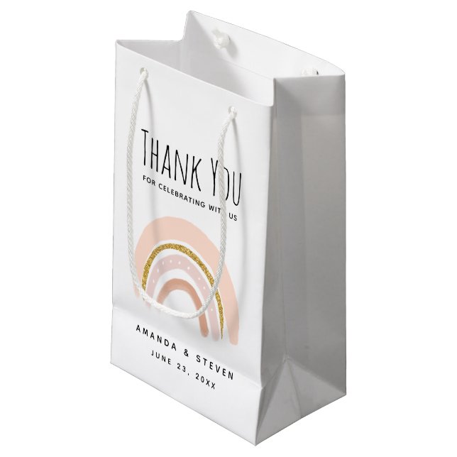 Pink & Gold Rainbow Elegant Boho Wedding Small Gift Bag (Front Angled)