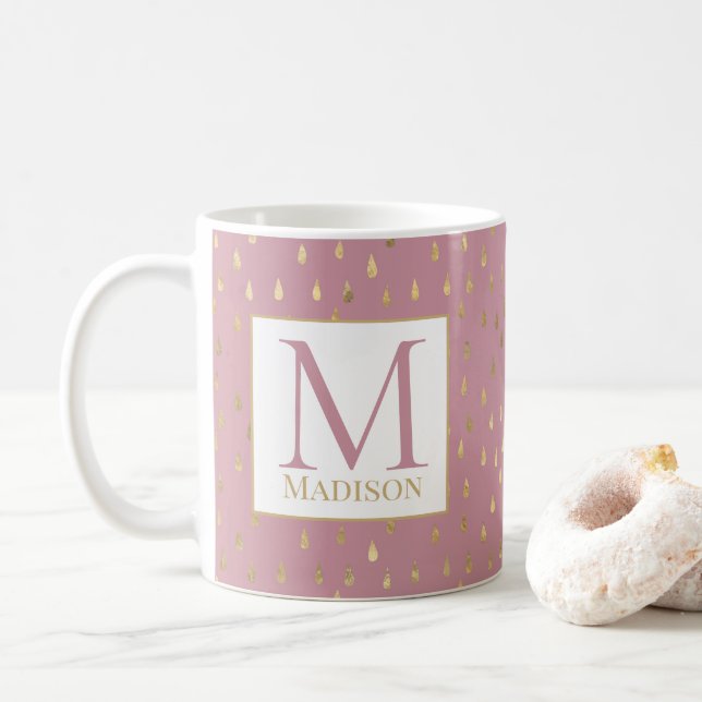 Pink Gold Raindrop Modern Trendy Monogram Coffee Mug (With Donut)