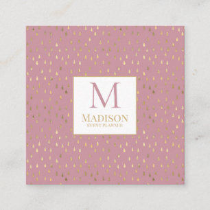 Pink Gold Raindrop Modern Trendy Monogram Square Business Card