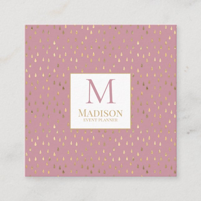 Pink Gold Raindrop Modern Trendy Monogram Square Business Card (Front)