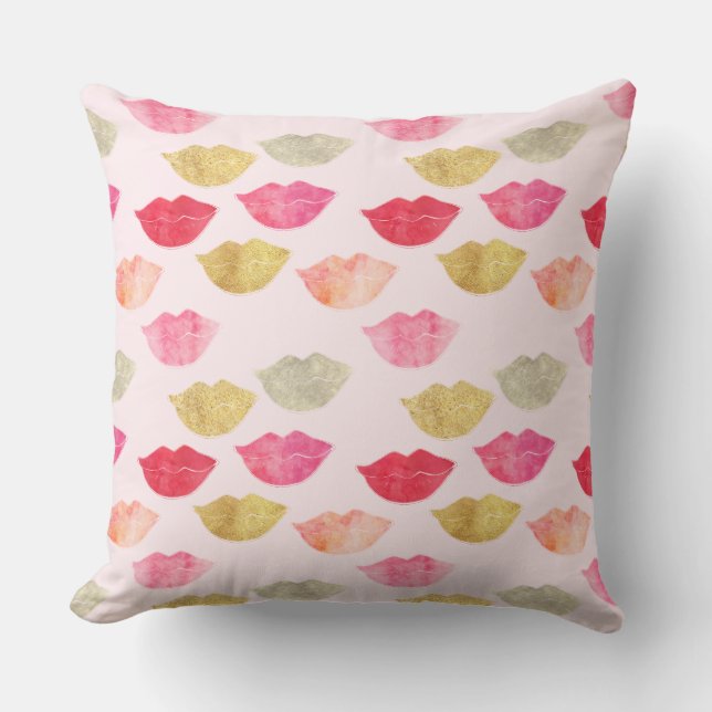 Pink Gold Red Watercolor Lips Cushion (Front)