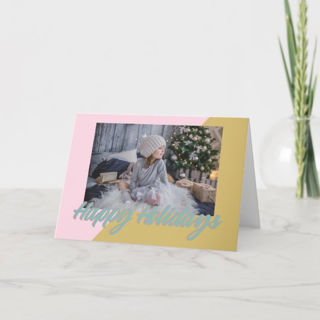 Pink Gold Retro Geometric Happy Holidays Photo Holiday Card (Front)