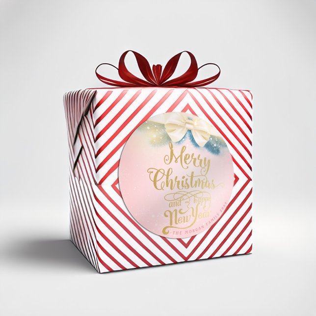 Pink Gold Ribbon Christmas Happy New Year Greeting Classic Round Sticker (Creator Uploaded)