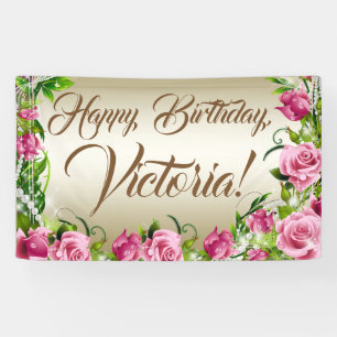 Pink Gold Rose Birthday Party Banner