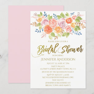 Pink Gold Rose Floral Bouquet Bridal Shower Invitation