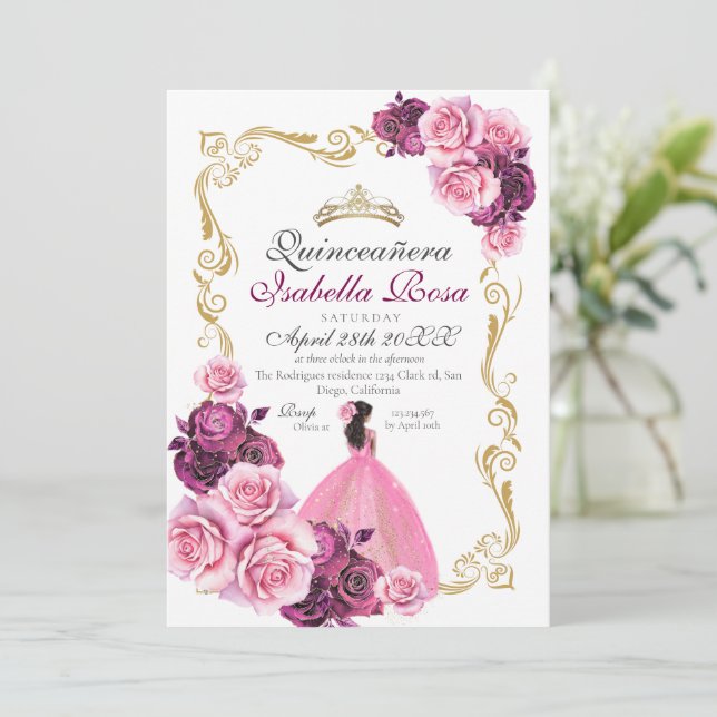 Pink Gold Rose Floral Quinceanera XV Años Invitation (Standing Front)