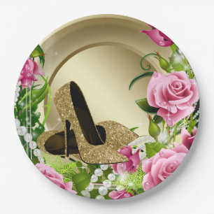 Pink Gold Rose High Heel Shoe Pearl Birthday Party Paper Plate