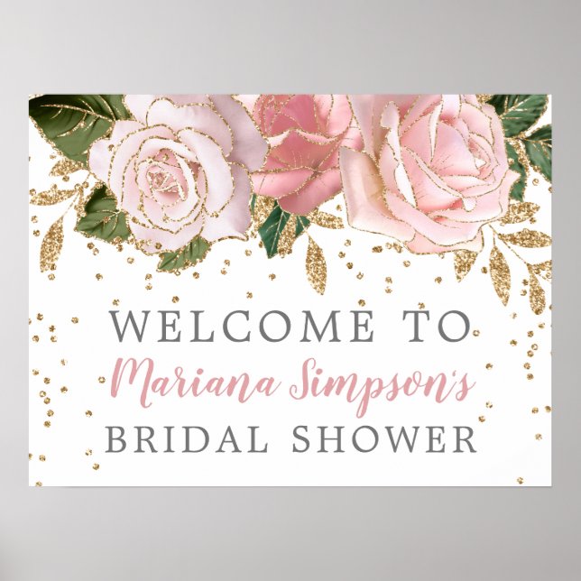 Pink Gold Roses Bridal Shower Welcome Sign (Front)